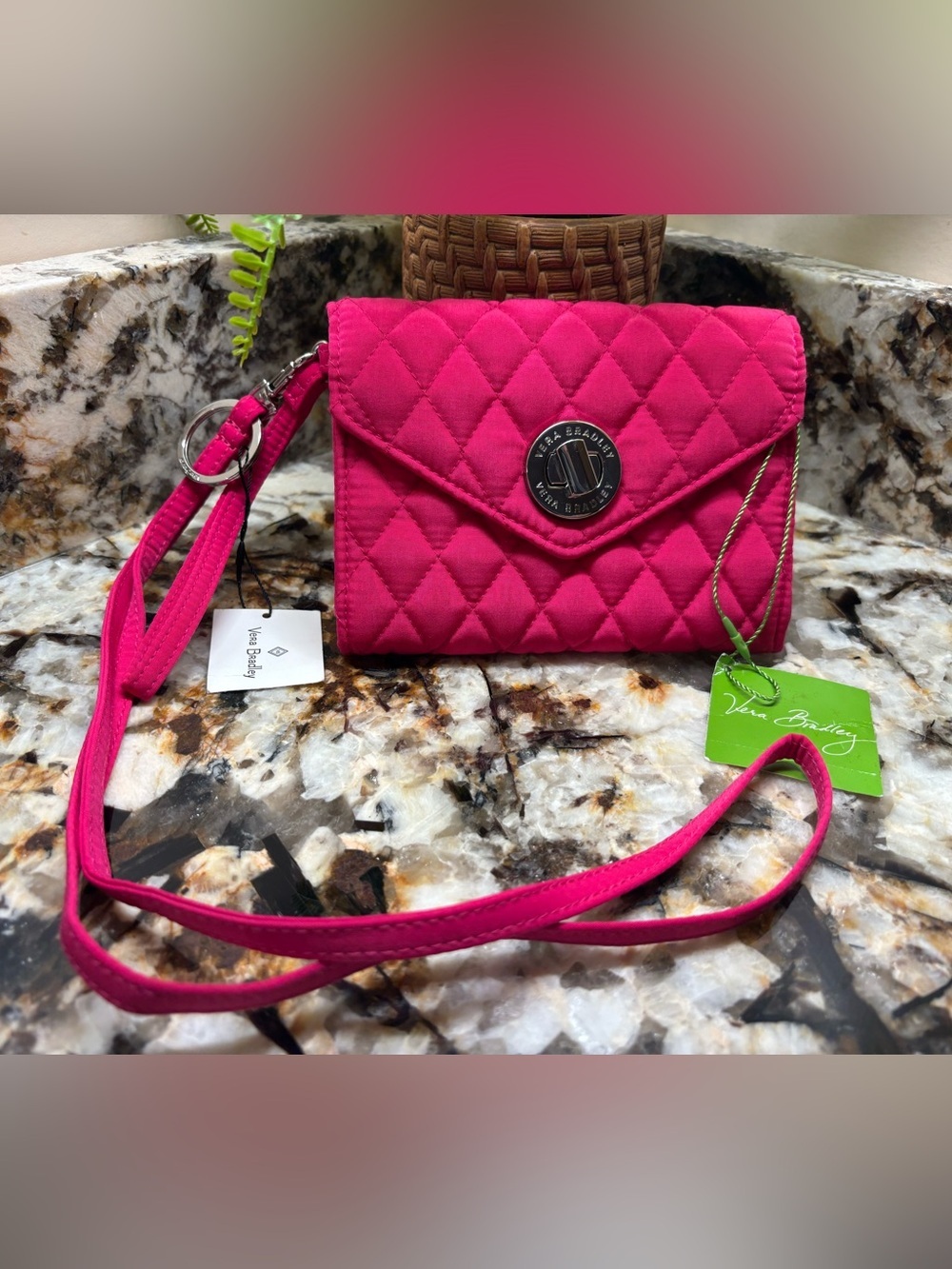 Vera Bradley Bright Pink Quilted Wristlet with Turn-Lock wrist and long strap